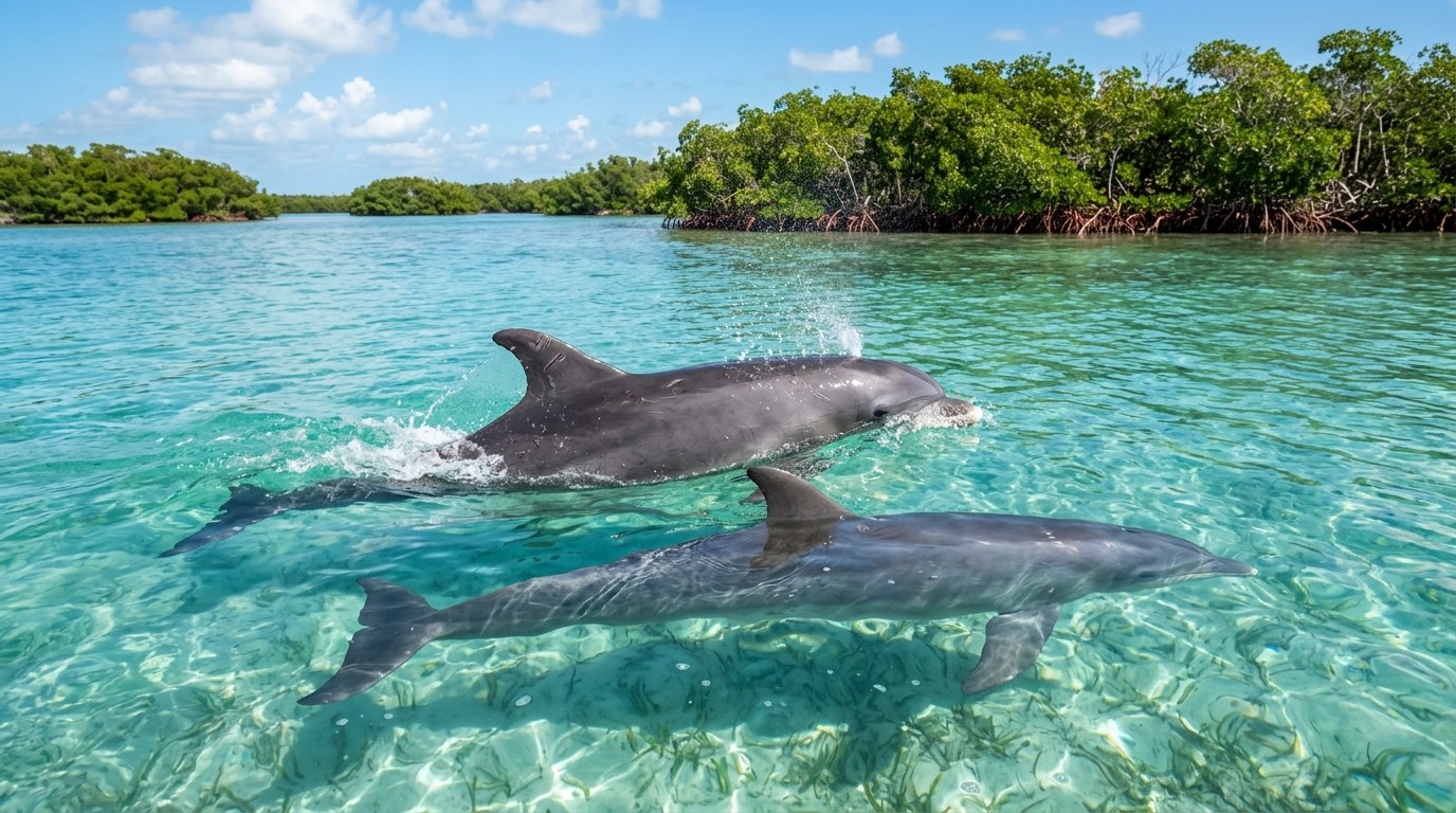 Bottlenose dolphins swimming in shallow clear backcountry water
