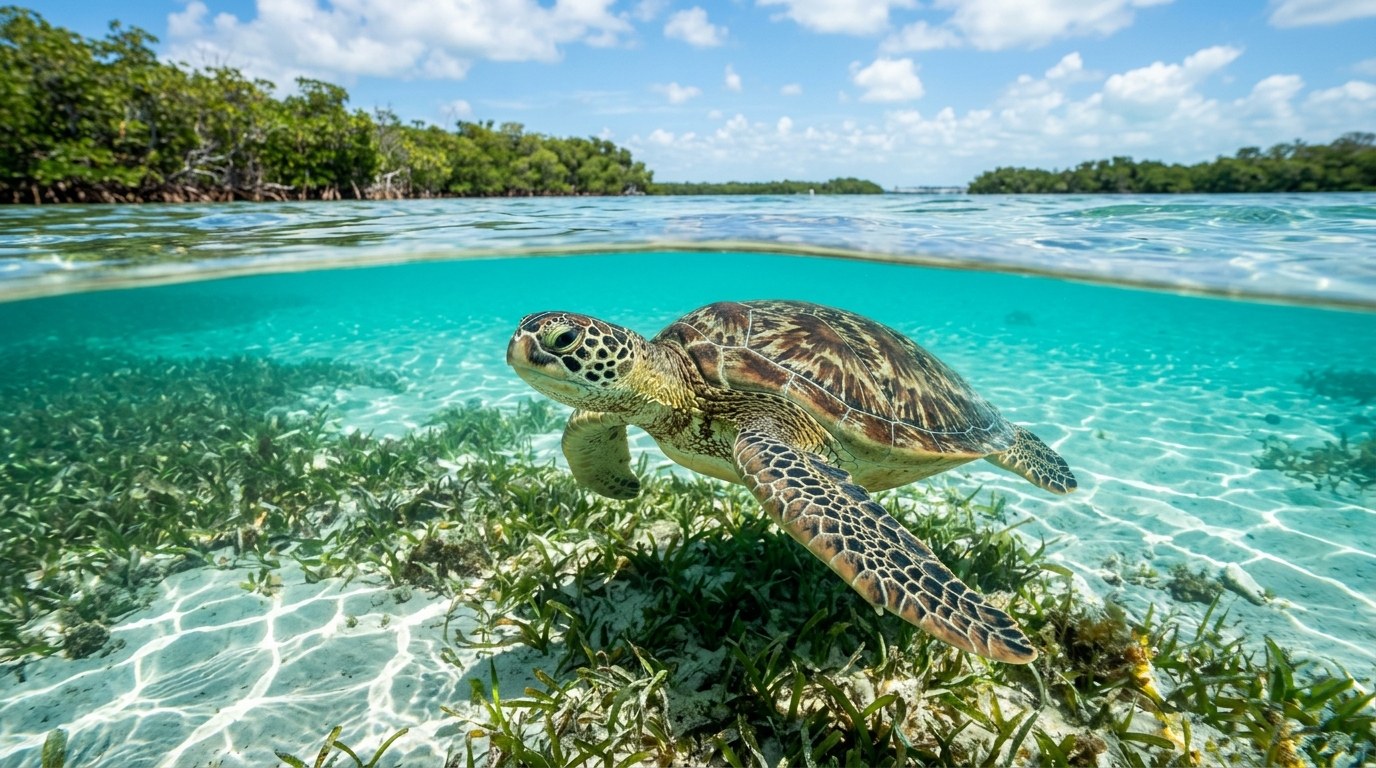 Green sea turtle gliding over clear shallow grass flats