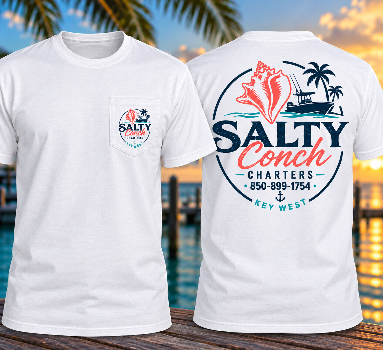 Salty Conch Charters official pocket t-shirt