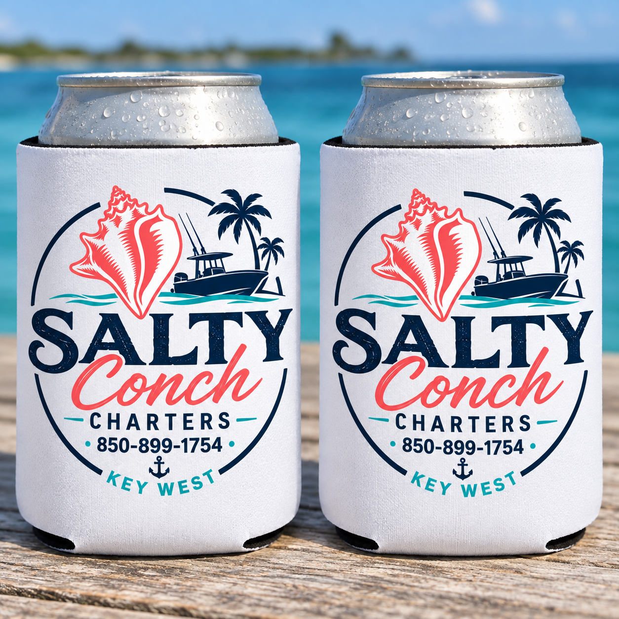 Salty Conch Charters official can koozie 2-pack