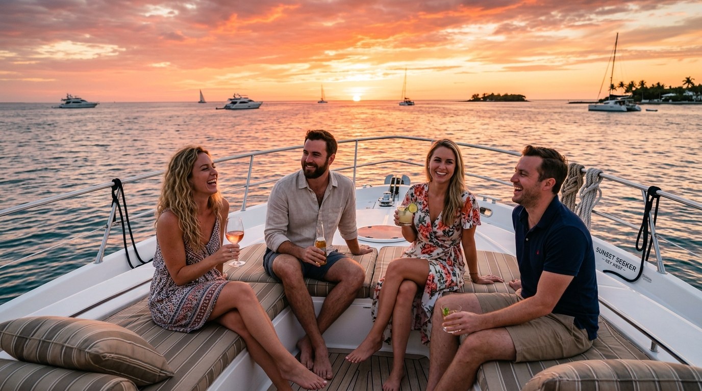 Charter guests enjoying drinks on bow at sunset