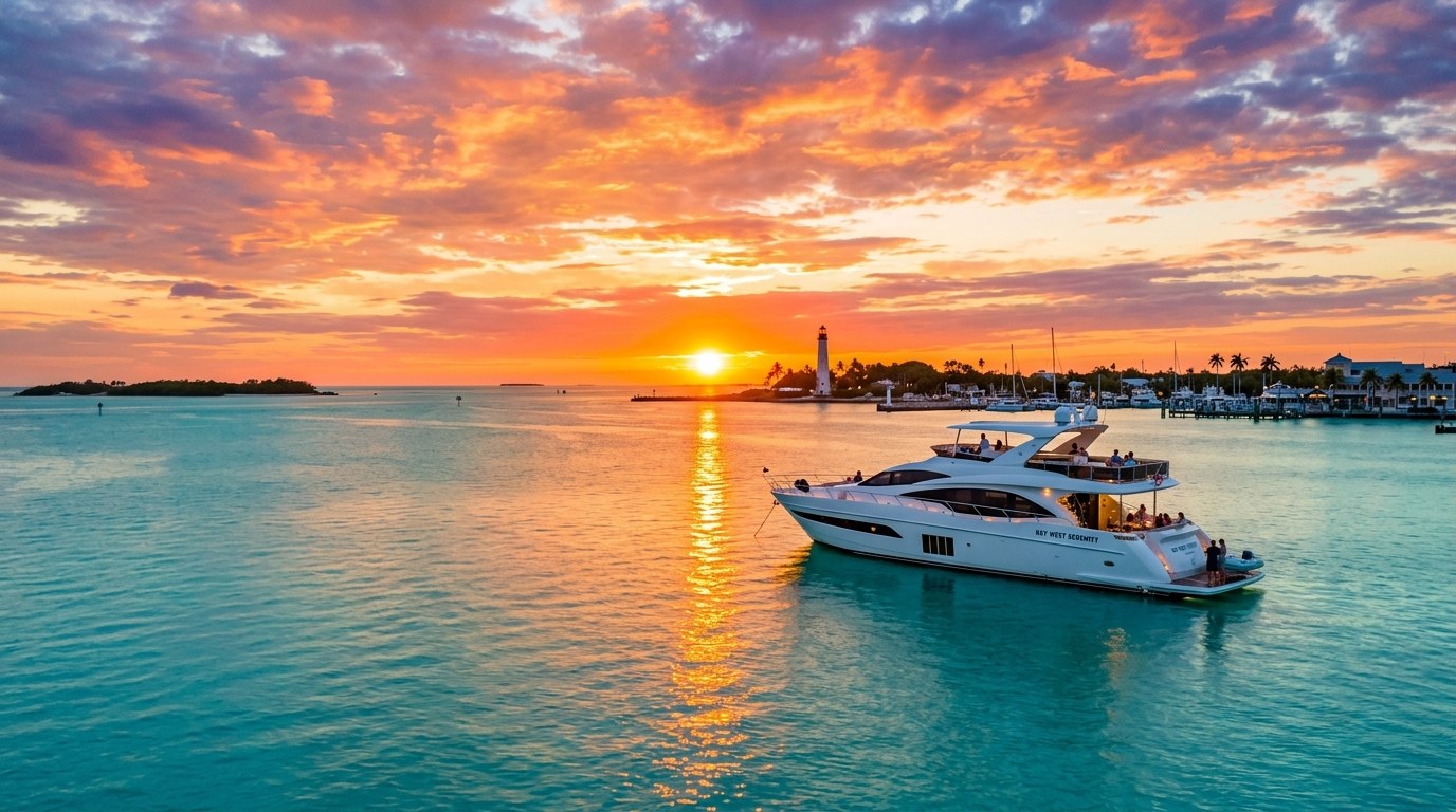Charter boat on turquoise water during golden hour